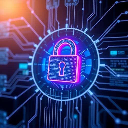 A digital lock overlaid on a network of interconnected devices, symbolizing cybersecurity concepts.