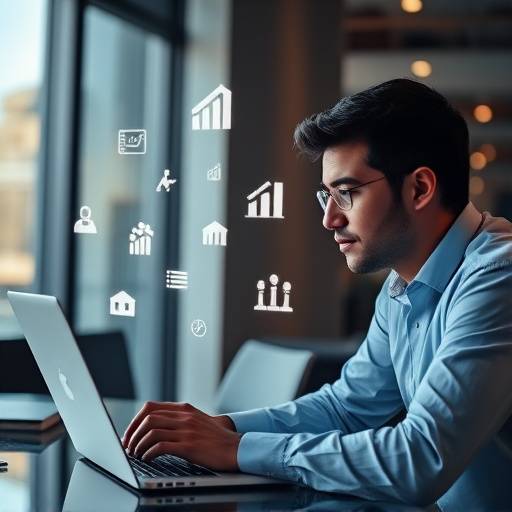 A person working on a laptop with icons representing various skills, highlighting the importance of upskilling.