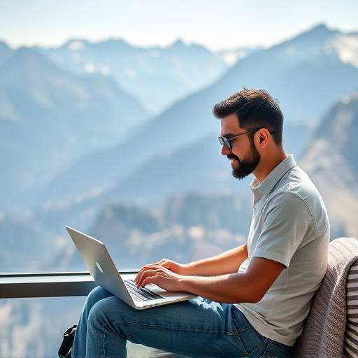 A person working remotely with a beautiful view, representing the benefits of remote work.