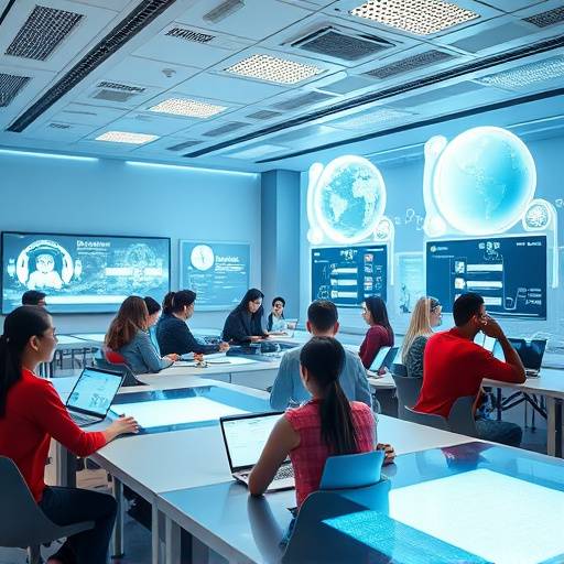 Futuristic classroom with holographic displays and diverse students, representing the future of learning.